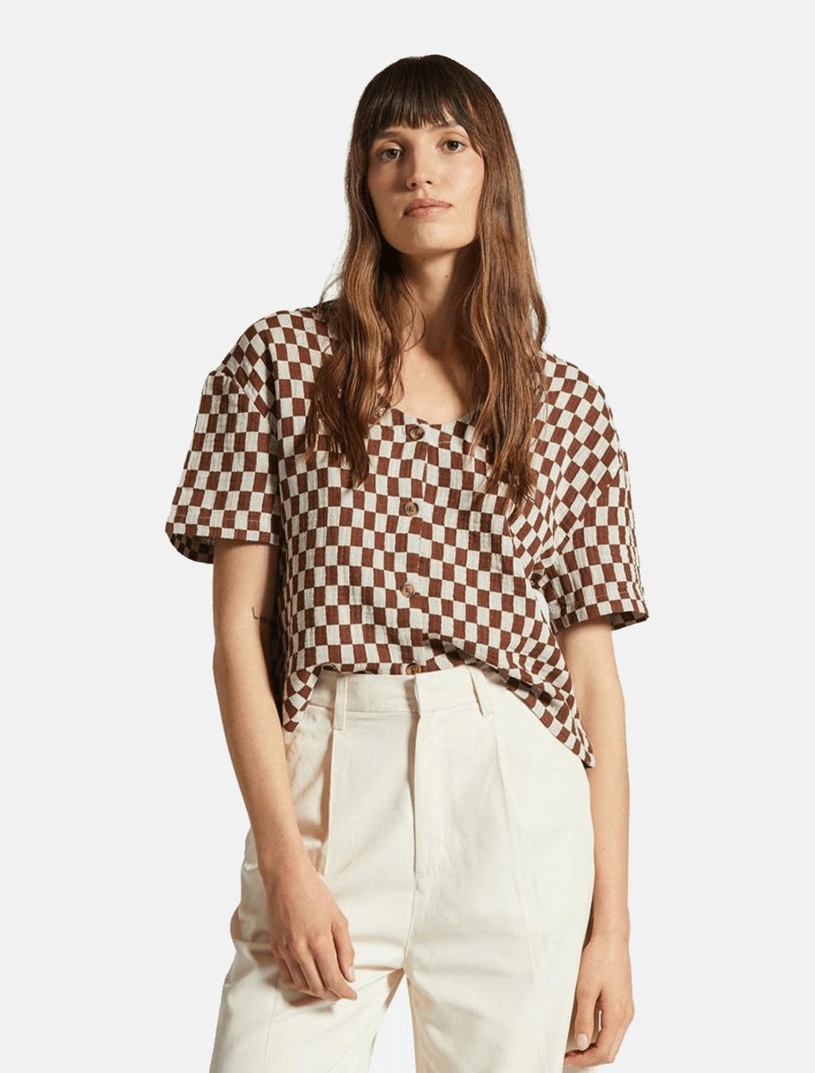 BRIXTON Womens Mykonos Small Check Woven Top | Sepia - The Boredroom Store Brixton