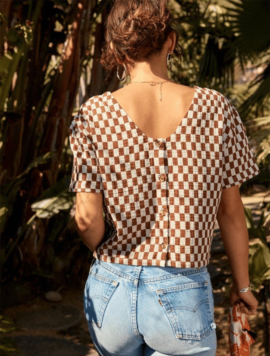 BRIXTON Womens Mykonos Small Check Woven Top | Sepia - The Boredroom Store Brixton